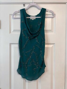 Madison Marcus Silk Beaded Sleeveless Drape Blouse XS Teal Boho Quiet Luxury